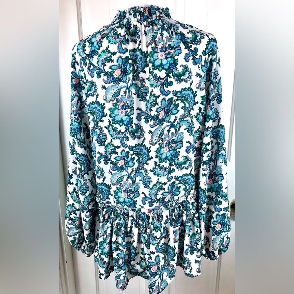 Loft Floral Paisley Ruffle Bottom Long-sleeved Blouse w/ String Tie - Picture 7 of 11